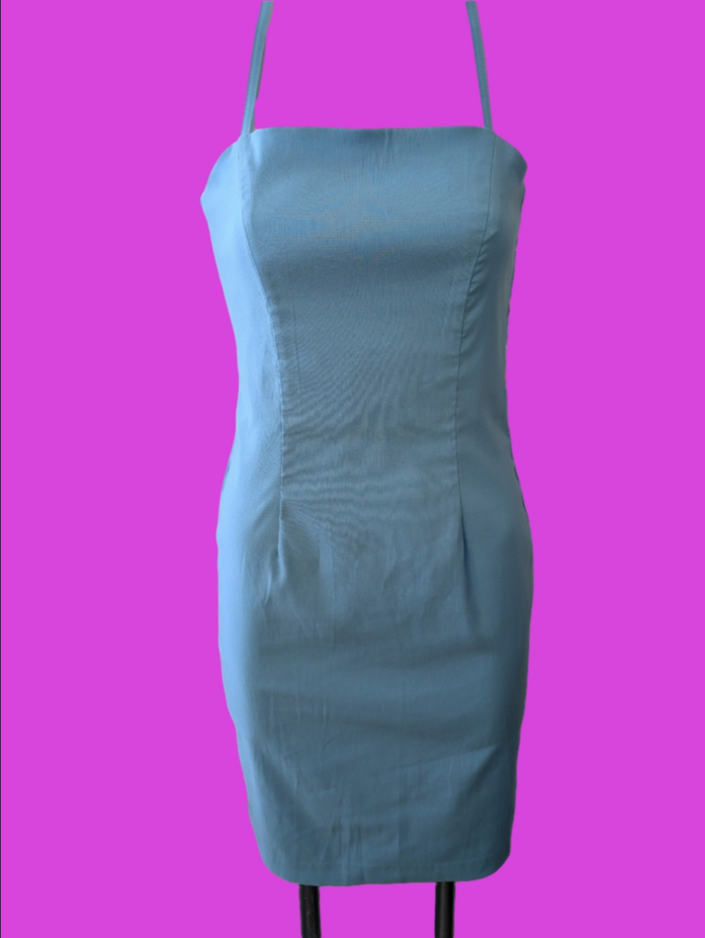 Vintage  Dress Spandex Criss Cross Back Kick Pleat Sky Blue Halter Back 90s